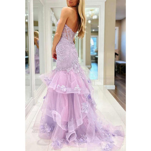 Vestido de noche para fiesta, graduación y graduación con apliques de encaje y cola de tul, escote corazón y trompeta 