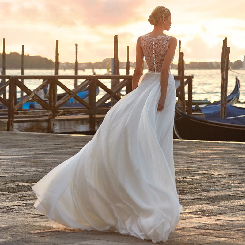 Chiffon V-Neck Wedding Dresses Sleeveless Elegant Lace Applqiues Boho A-Line Bride Gowns For Women Vestidos De Novia