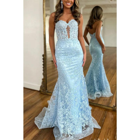 Vestido de noche para fiesta de graduación con apliques de encaje y corte trompeta sin tirantes y escote corazón 