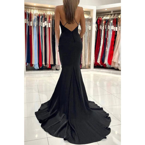 Robe de bal longue noire à bretelles spaghetti