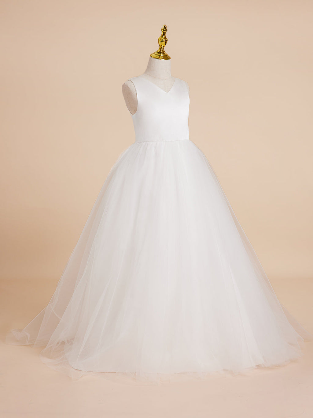 Vestido clásico blanco de corte A sin mangas para niña de las flores, de satén y tul 