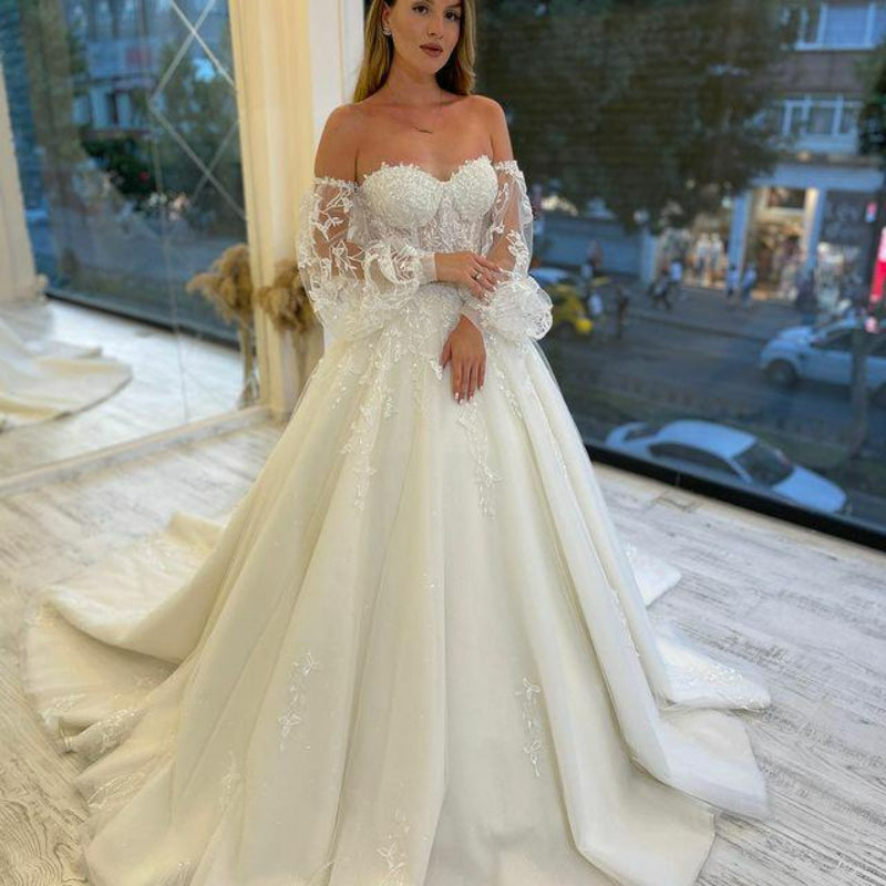 Robe de mariée en tulle à décolleté cœur, épaules dénudées, lacets, applications et perles, robe de mariée en dentelle à manches bouffantes, collection 2022