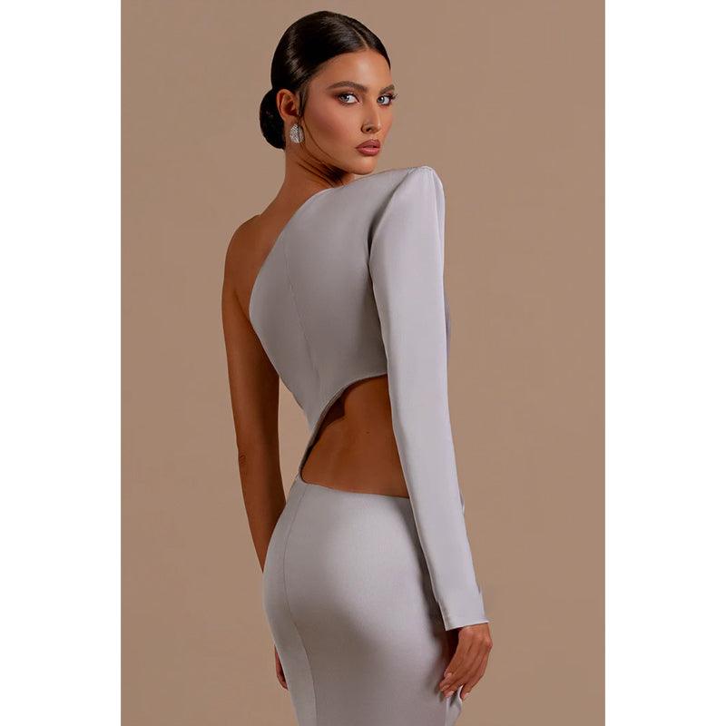 Vestido de fiesta formal largo sexy con pliegues y un hombro en forma de tubo/columna con abertura 