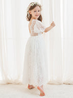 Vestido boho de niña de las flores color marfil, corte en A, de encaje y largo hasta el tobillo 