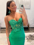 Vestido largo de fiesta sin tirantes, corte sirena, escote corazón y abertura
