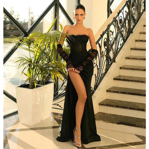 Sheath/column Lace Appliques Long Formal Evening Dress with Slit