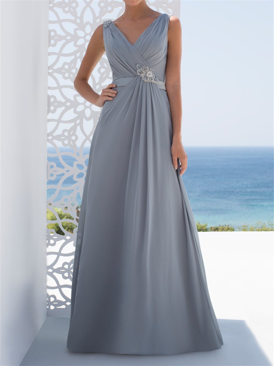 Vestidos de corte princesa/línea A con escote en V hasta el suelo para la madre de la novia 