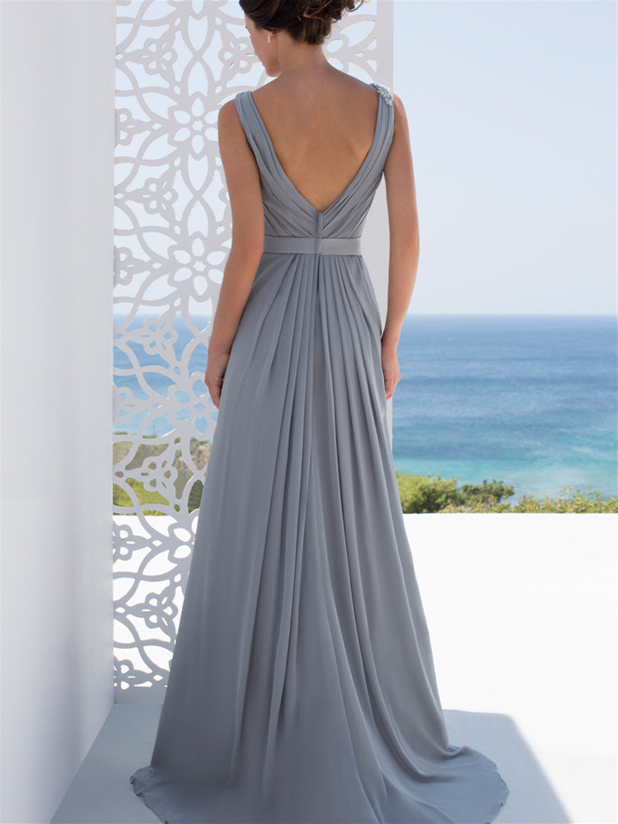 Vestidos de corte princesa/línea A con escote en V hasta el suelo para la madre de la novia 