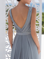 Vestidos de corte princesa/línea A con escote en V hasta el suelo para la madre de la novia 