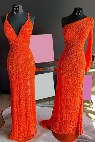 Mermaid One Shoulder Orange Sequins Long Prom Dress with Long Sleeves