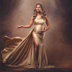 Foto de elegante vestido de noche premamá de satén corte sirena con mangas abullonadas rosas desmontables y un solo hombro.