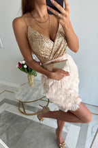 Robe mini à bretelles à franges et patchwork de sequins City Bling 