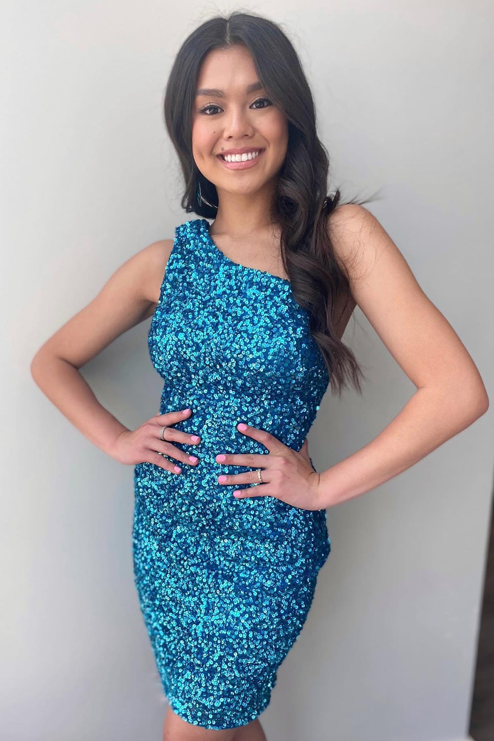 Bodycon One Shoulder Green Sequins Short Homecoming Dress