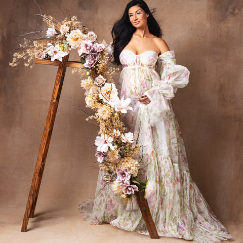 Vestidos de maternidad de gasa con estampado floral y mangas abullonadas para sesión de fotos de maternidad. Vestidos para mujer embarazada.