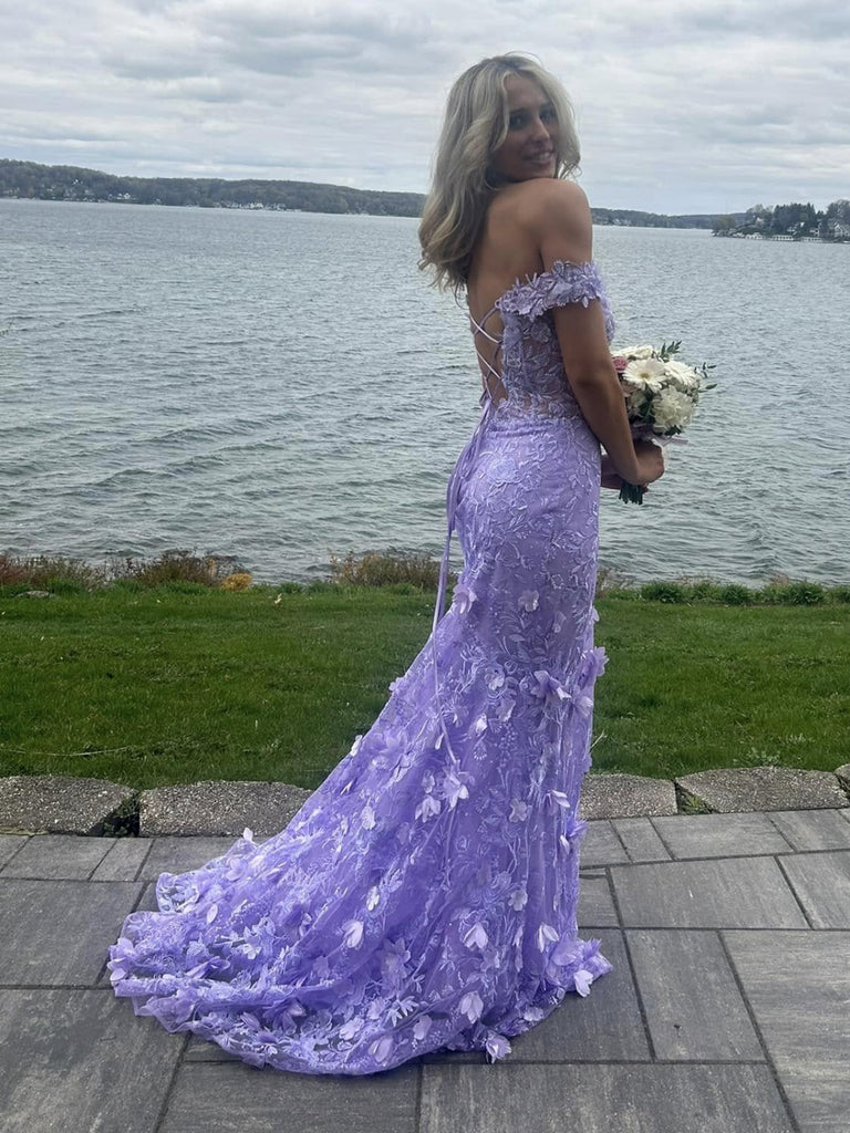 Robe de bal longue sirène en dentelle lilas à épaules dénudées et imprimé floral, robe de soirée fendue jusqu'à la cuisse Y7848