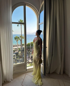 Robe de soirée sirène jaune en mousseline à sequins, col V, modèle Y7892