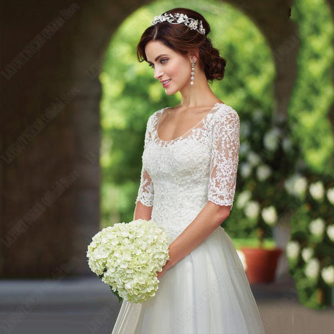 Vestido de novia de media manga de encaje para ilusión nupcial apliques botones espalda bata de mariée grande taille hecho a medida 