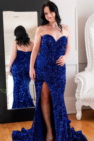 Mermaid Sweetheart Royal Blue Sequins Plus Size Prom Dress with Split Front
