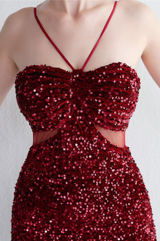 Vestido largo de fiesta negro con lentejuelas, estilo sirena, escote halter y abertura en forma de ojo de cerradura