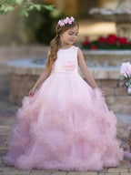 Vestido de niña de las flores de corte A, de satén y tul, hasta el suelo, con volantes en cascada. 