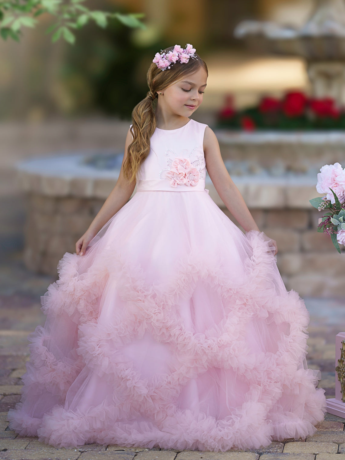 Vestido de niña de las flores de corte A, de satén y tul, hasta el suelo, con volantes en cascada. 