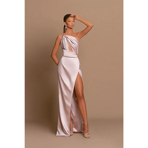 Unique One Shoulder Pleats High Split Long Prom Dress