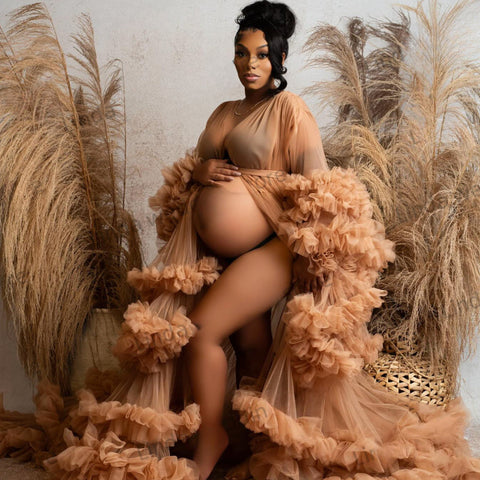 Robe de bal sexy à col en V, volants sur le devant, fente, idéale pour les photos de grossesse, manches taouk, vêtements de maternité à volants