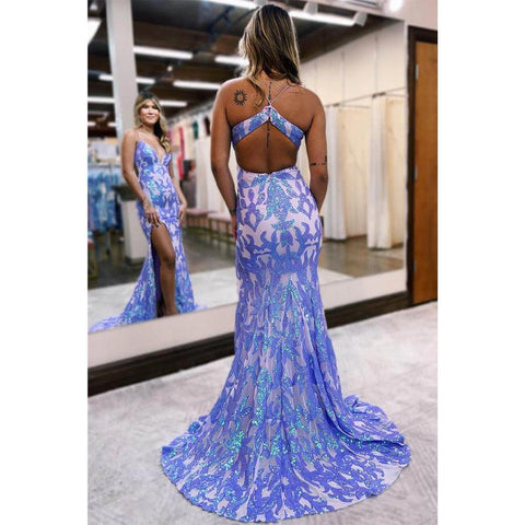 Robe de bal sirène sexy à décolleté en V et paillettes appliquées avec fente