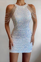 Robe cocktail mini à sequins et franges sur les épaules, vue glamour 