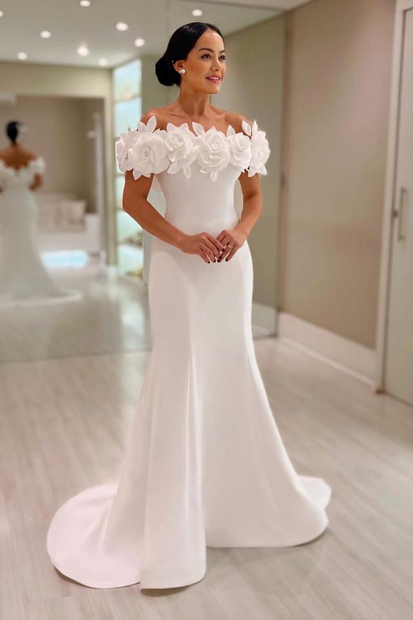Glamorous Mermaid Off-The-Shoulder Satin Prom Dresses with Flowers