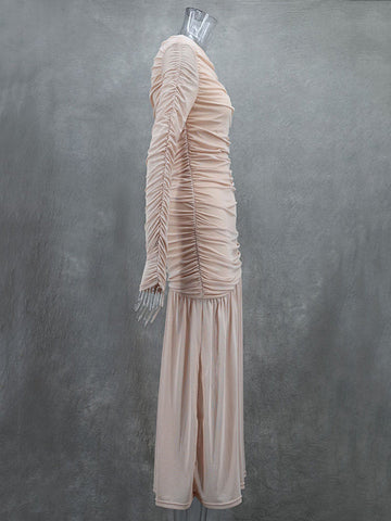 Vestidos largos de noche ajustados, plisados, transparentes, de color liso, con abertura en la entrepierna y cuello redondo. 