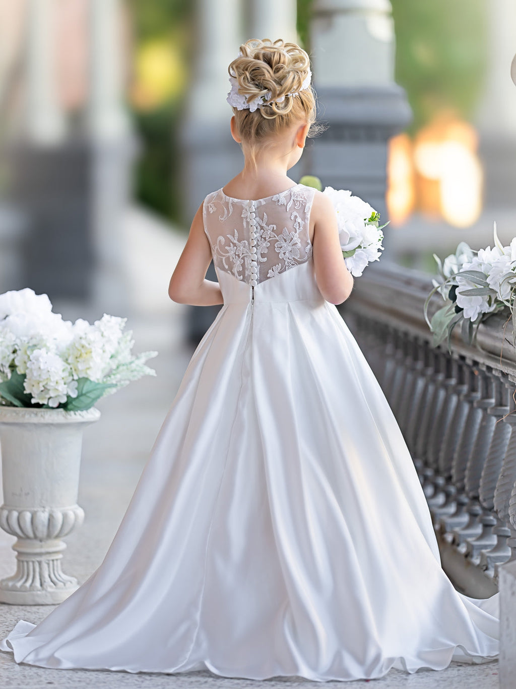 Vestido de niña de las flores para la Primera Comunión, corte en A, encaje y satén, hasta el suelo 