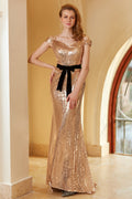 Robe de soirée champagne à sequins épaules dénudées