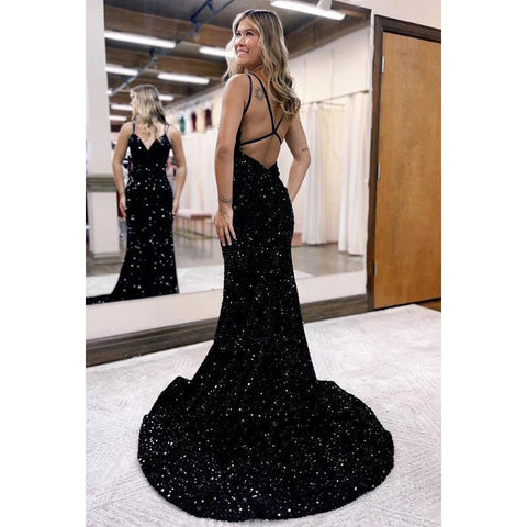 Robe de soirée sirène sexy et tendance à bretelles et paillettes, col en V, dos nu