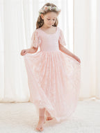 Vestido boho de niña de las flores color marfil, corte en A, de encaje y largo hasta el tobillo 
