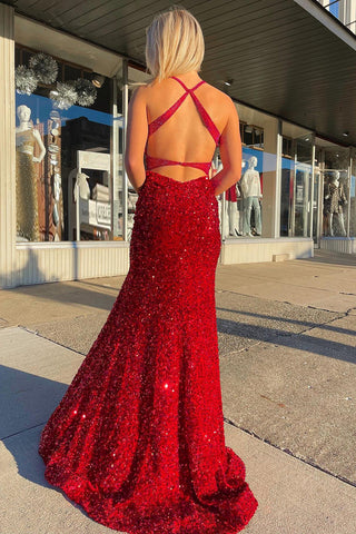 Robe de bal longue sirène rouge à sequins, décolleté plongeant en V et dos nu