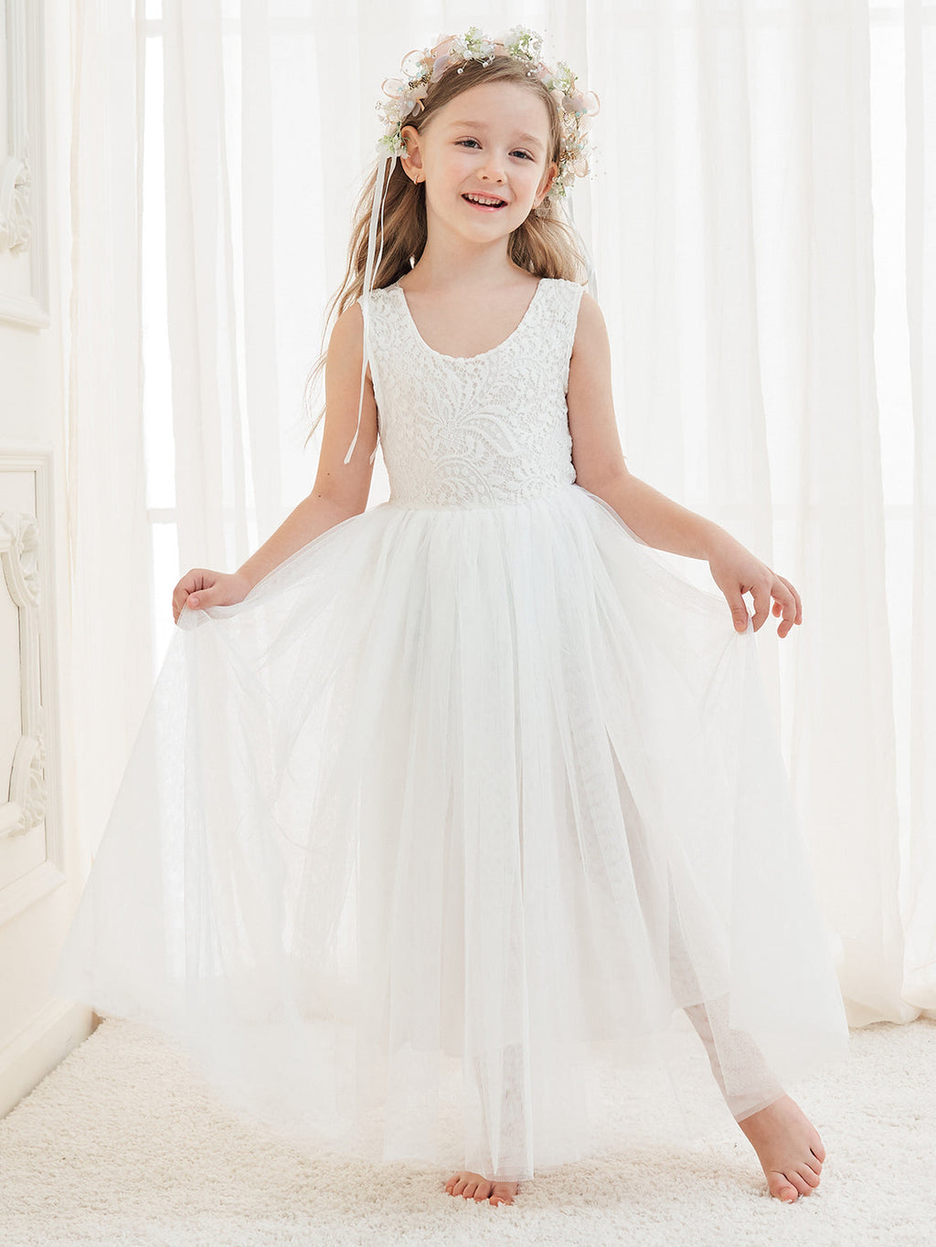 Vestido blanco de tul y encaje de corte A hasta el tobillo (2003227597) 