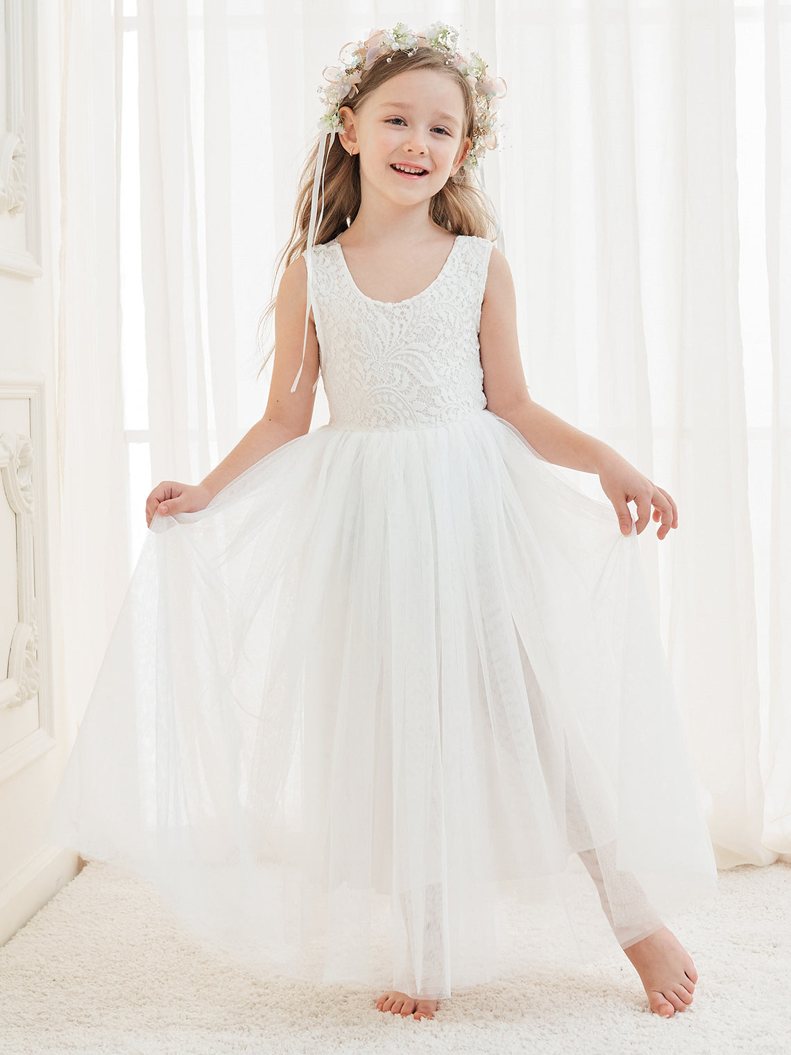 Vestido blanco de tul y encaje de corte A hasta el tobillo (2003227597) 