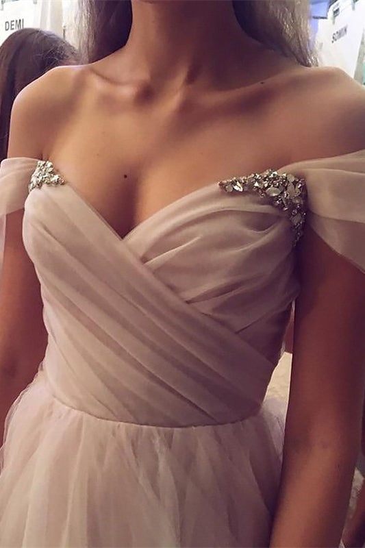 Elegant Long A-line Off the Shoulder Tulle Prom Dresses