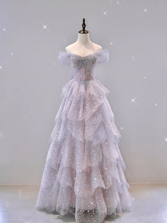 Precioso vestido de gala de tul con hombros descubiertos, vestido de noche Y7580