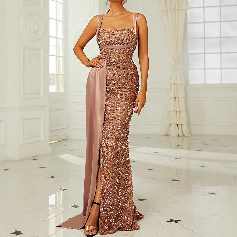 Vestido de sirena de lentejuelas sin espalda para baile de graduación 