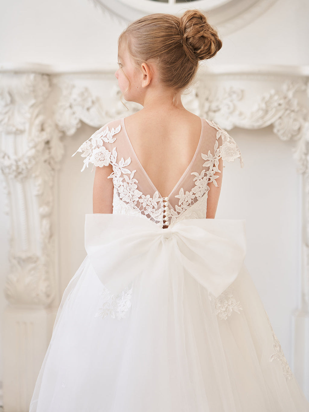 Vestido de niña de las flores para la Primera Comunión, color marfil, con cola desmontable estilo princesa. 