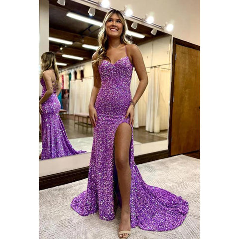 Vestido de noche largo con escote en forma de corazón, tirantes finos y lentejuelas, con abertura