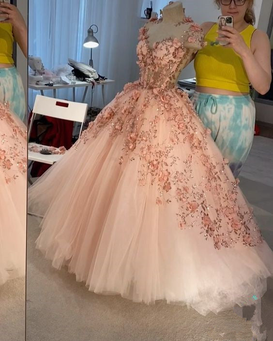 Robe de bal rose poudré à fleurs appliquées, robe de bal en tulle coupe A, robe de quinceañera Y388