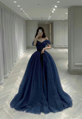 Robe de soirée bleue scintillante à épaules dénudées, coupe trapèze ample, modèle Y389