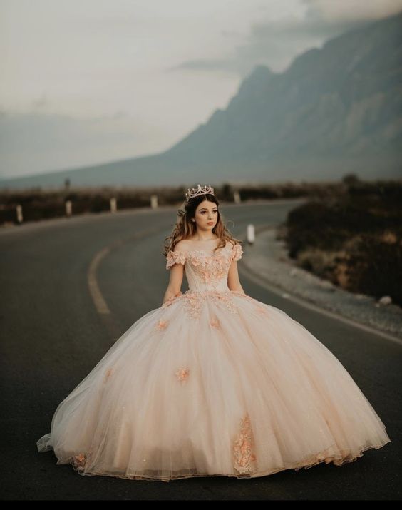 Vestido de princesa de baile con apliques de tul y hombros descubiertos, estilo dulce 16, Y399