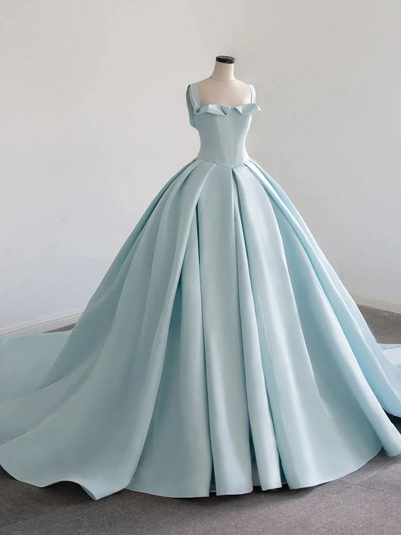 Vestido largo de baile azul satinado, vestido azul para quinceañera Y392