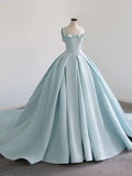 Vestido largo de baile azul satinado, vestido azul para quinceañera Y392