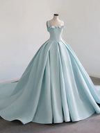Vestido largo de baile azul satinado, vestido azul para quinceañera Y392
