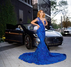 Vestido largo de sirena azul real brillante con cola, vestido de noche sexy Y4122